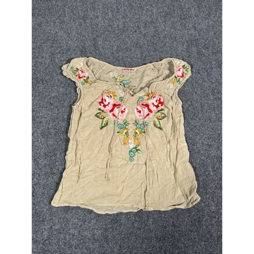 Johnny Was Floral Print Embroidered Cap Sleeve Top Womens XS Beige Tunic Tee
